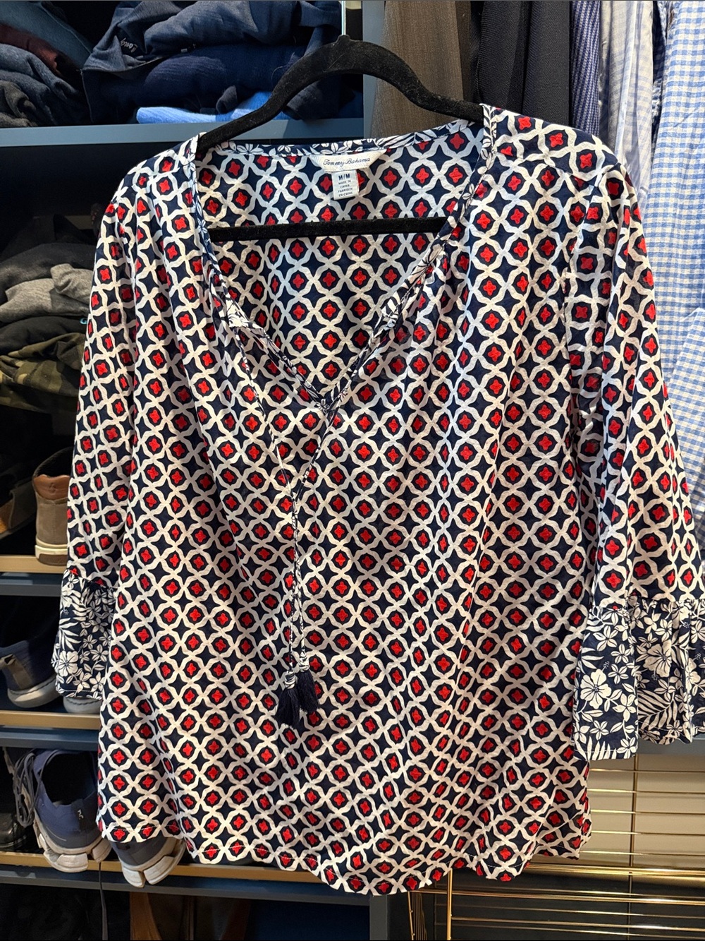 Tommy Bahama Navy, Red & White Geometric V-Neck Blouse